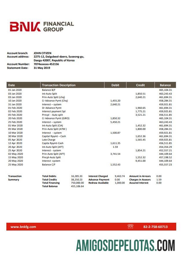 modelo de extrato bancário BNK da Coreia do Sul em branco, formato Word e PDF (.doc e .pdf)